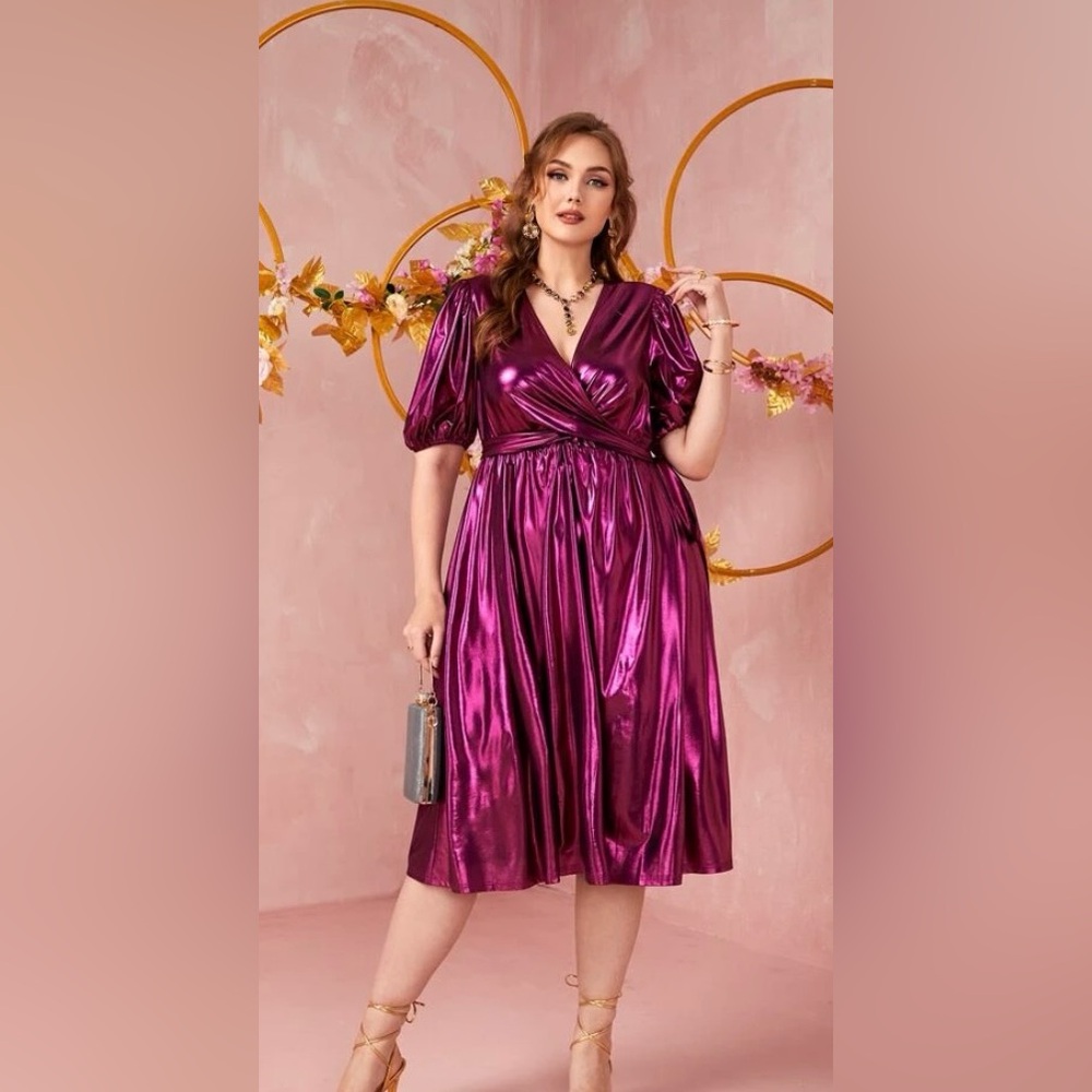 SHEIN Plus Puff Sleeve Tie Side Metallic Dress